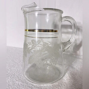 Vintage Bartlett Collins Frosted Grape Leaf Glass Pitcher W Gold Trim